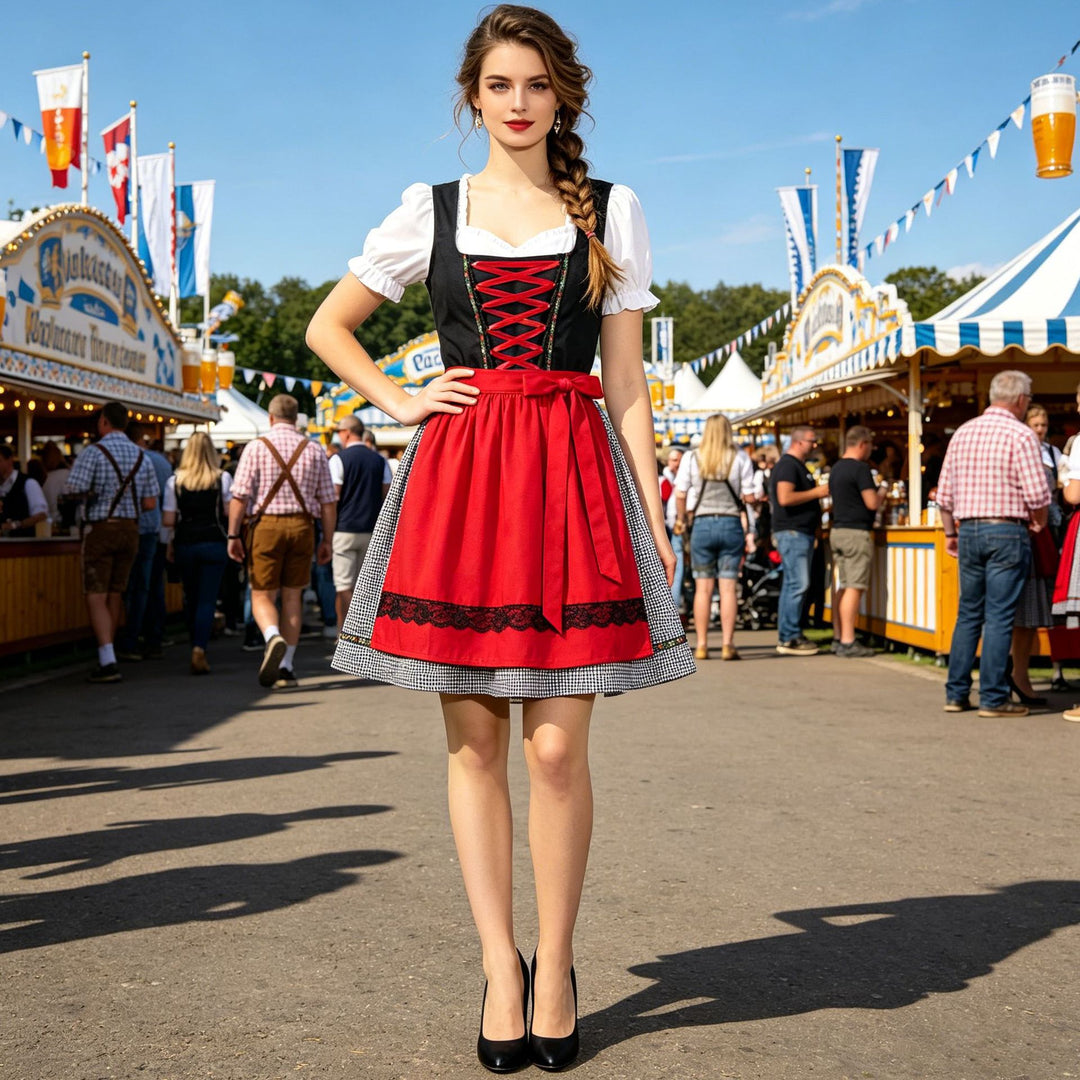 Damen nan traditionelles Dirndlkleid mit Herzausschnitt, geschnürtem Mieder und dekorativer Schürze Shop Nory