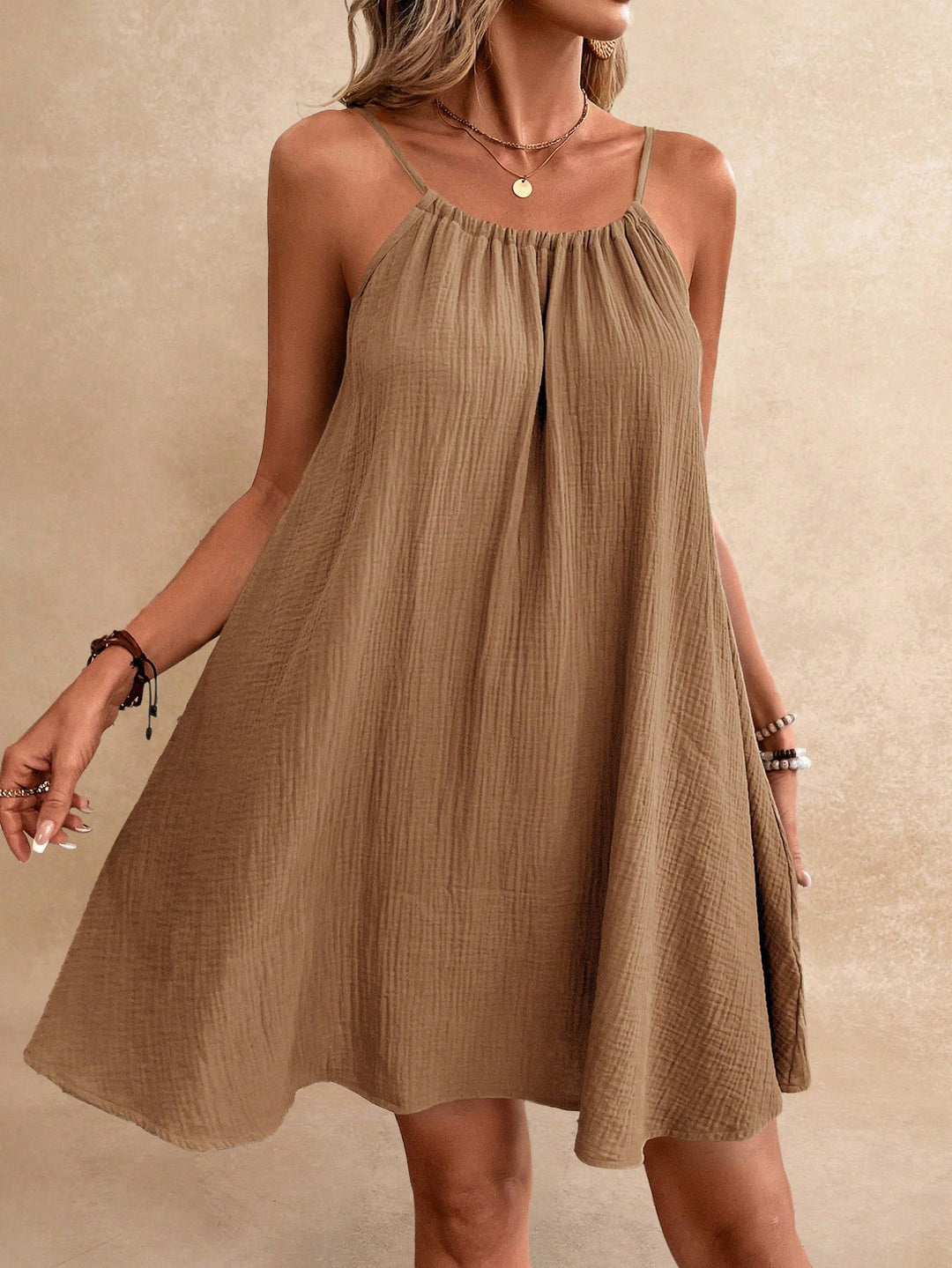 Damen Lockeres Baumwoll‑Gauze‑Trägerkleid mit gerafftem Ausschnitt und A‑Linien‑Silhouette Shop Nory