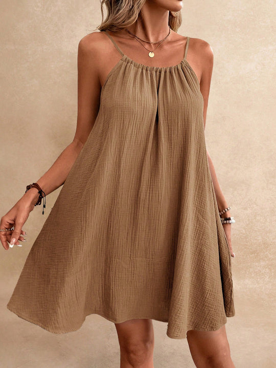 Damen Lockeres Baumwoll‑Gauze‑Trägerkleid mit gerafftem Ausschnitt und A‑Linien‑Silhouette Shop Nory
