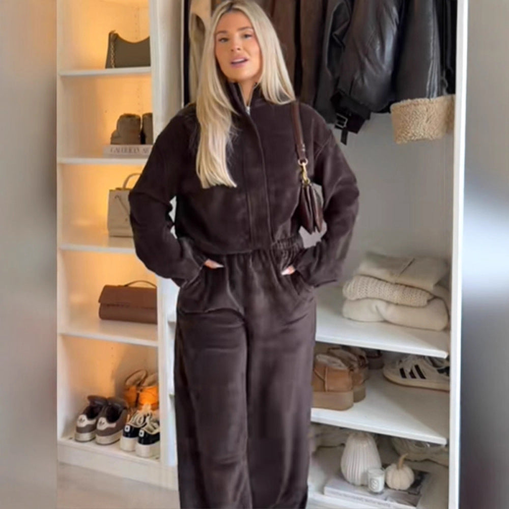 Damen Samt-Relax-Set mit Reißverschluss-Jacke, Stehkragen & High‑Waist Weitbein‑Hose Shop Nory