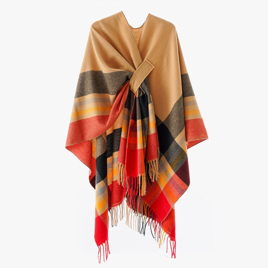 Damen Cape-Umhang aus Wollmix mit Bindegürtel und Karodessin Shop Nory