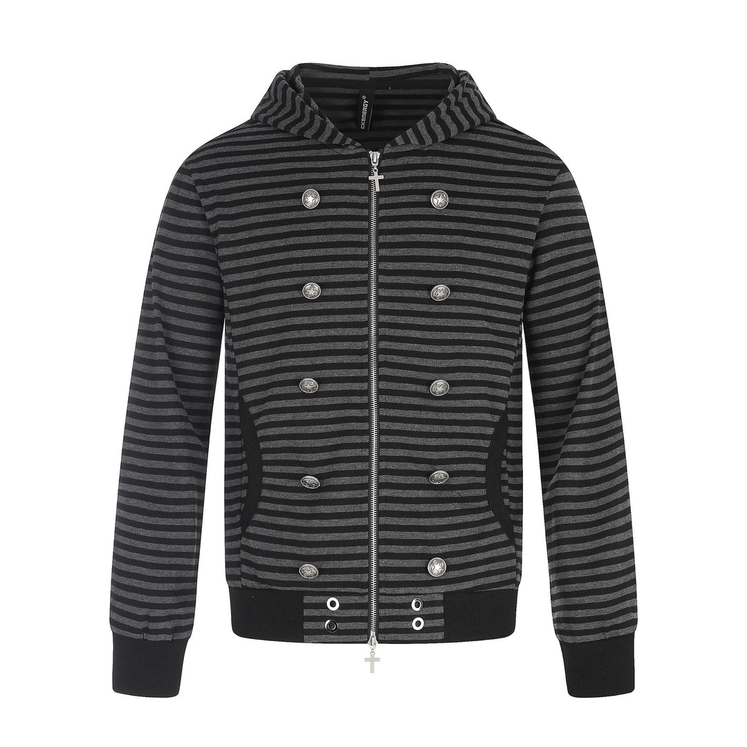 Herren Gestreifte Kapuzenjacke mit Doppelknopf-Optik, Rippenbündchen und Kreuz-Zipper Shop Nory