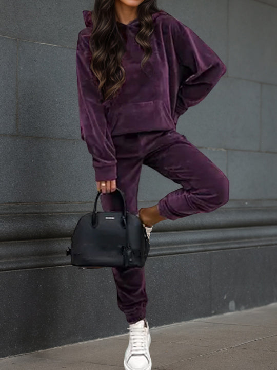 Damen Samt-Jogginganzug mit Kapuzenhoodie, Kängurutasche und elastischer Bündchenhose Shop Nory