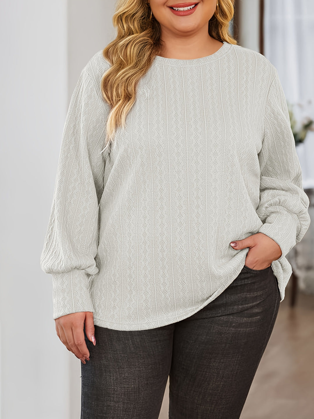 Damen Texturierter Oversize-Strickpullover mit Rundhalsausschnitt und Ballonärmeln Shop Nory