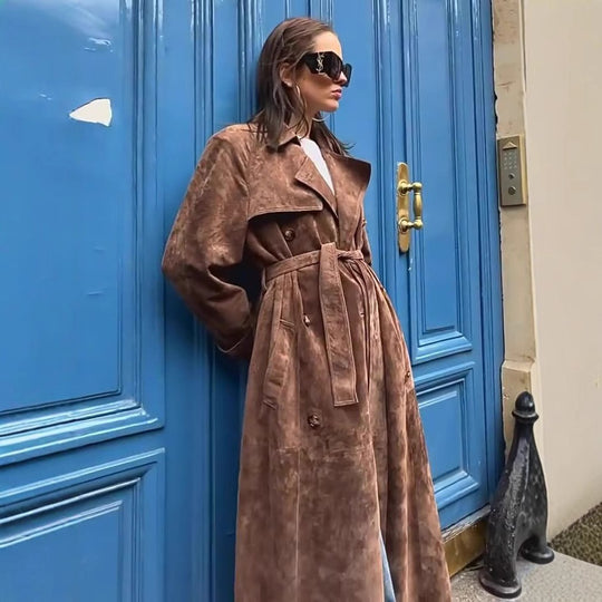 Damen langer Wildleder-Trenchcoat mit Taillengürtel Shop Nory