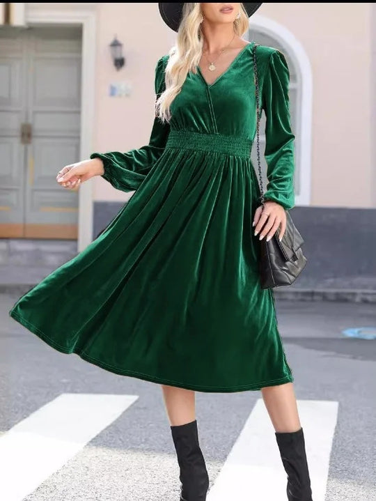 Damen Midikleid aus Samt mit V-Ausschnitt, geraffter Smock-Taille und langen Ballonärmeln Shop Nory