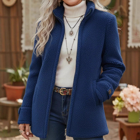 Damen Kuscheliger Teddy-Cardigan-Mantel mit Stehkragen, verdecktem Reißverschluss und Zierknopfmanschetten Shop Nory