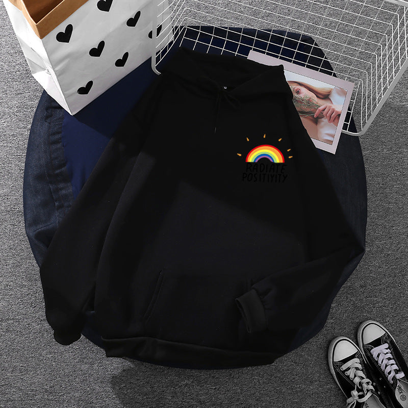 Damen nan lockerer Kapuzenpullover mit Regenbogen-Motiv, weichem Fleecefutter und Kängurutasche Shop Nory