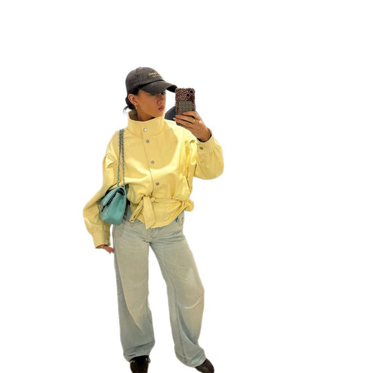 Damen Kurze taillierte Jacke mit Stehkragen, Puffärmeln und Bindegürtel Shop Nory