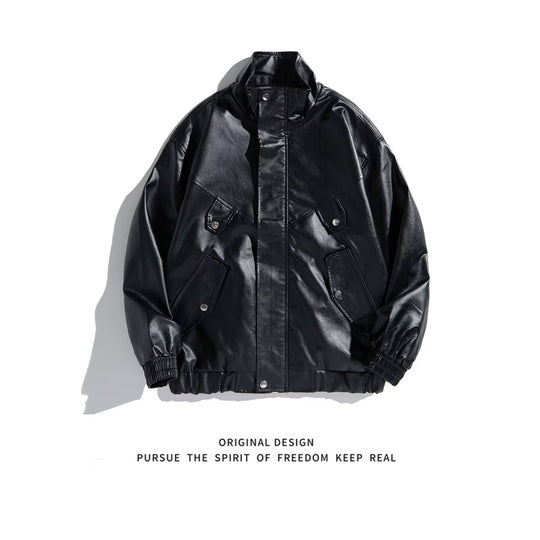 Herren Oversize Kunstleder-Bomberjacke mit Stehkragen, Pattentaschen und elastischem Saum Shop Nory