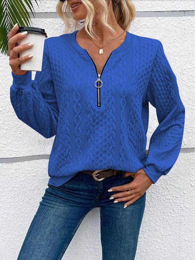 Damen grob strukturiertes Strickpullover mit Kabelmuster, halber Reißverschluss und Ballonärmel Shop Nory