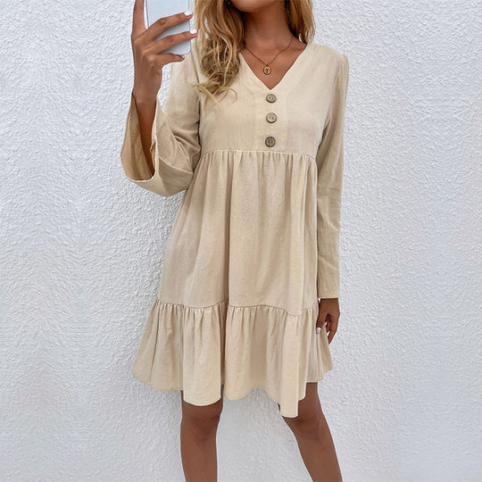 Damen V-Ausschnitt Stufenkleid mit Glockenärmeln und Knopfdetail Shop Nory