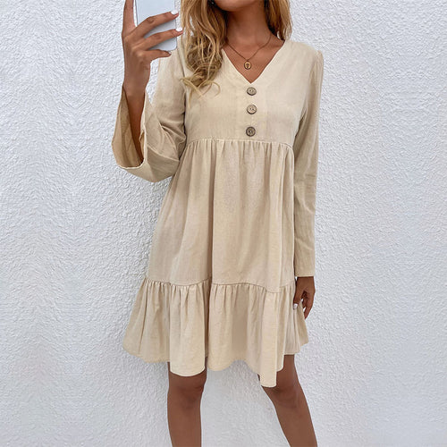 Damen V-Ausschnitt Stufenkleid mit Glockenärmeln und Knopfdetail Shop Nory