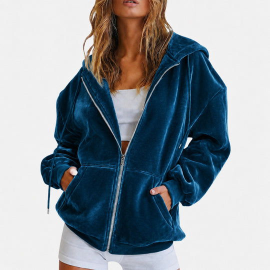 Damen Oversize Velours-Kapuzenjacke mit Reißverschluss Shop Nory