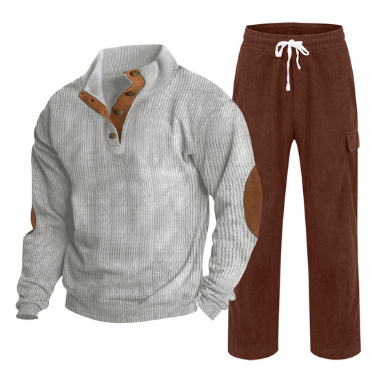 Herren Gemütliches Freizeit-Set aus Waffelstrick-Henley mit Ellenbogenpatch und Relax-Cargo-Hose Shop Nory