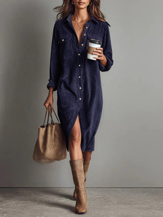 Damen Hemdblusenkleid aus Cord mit Brusttaschen, Knopfleiste und Schlitze Shop Nory