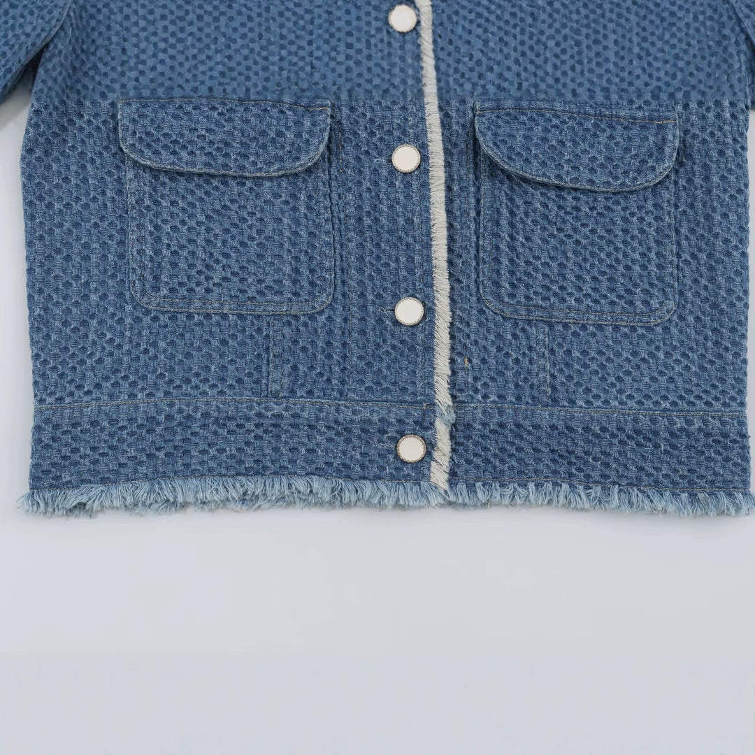 Damen Kurzjacke aus strukturiertem Denim mit Fransenbesatz und Pattentaschen Shop Nory