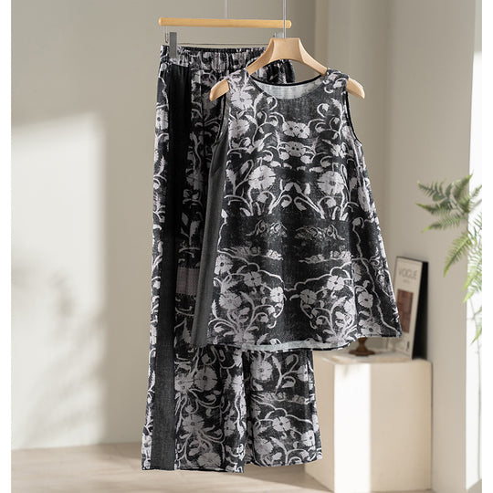 Damen Weite Leinenmix-Hose mit Elastikbund, Palazzoschnitt und ornamentalem Print Shop Nory