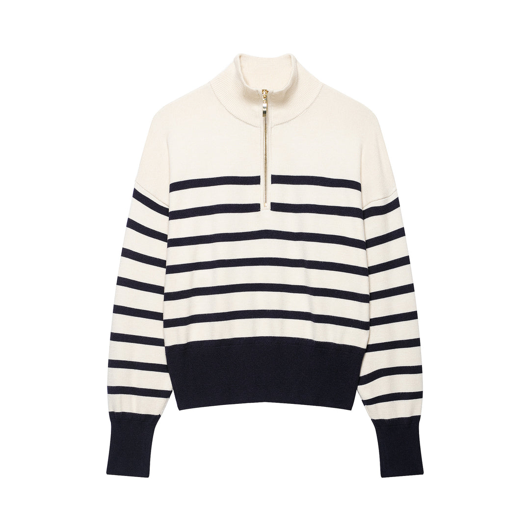 Damen Gestreifter Half-Zip Strickpullover mit Stehkragen Shop Nory
