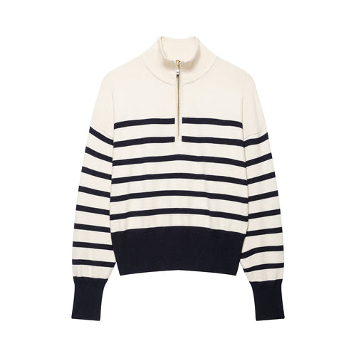 Damen Gestreifter Half-Zip Strickpullover mit Stehkragen Shop Nory