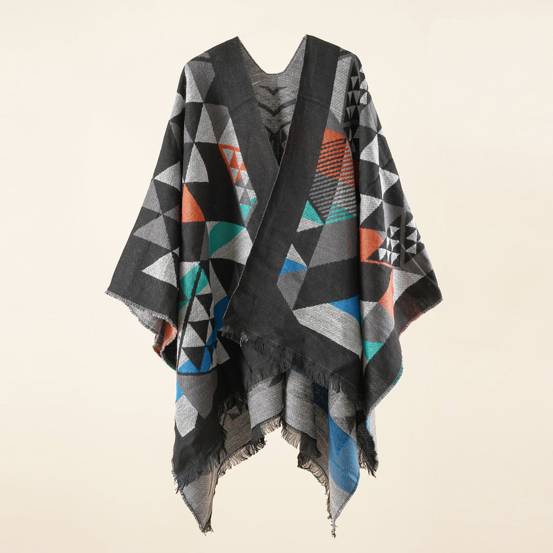 Damen Oversize-Ruana im Jacquard-Wickelstil mit dreieckigem Muster und Fransensaum Shop Nory