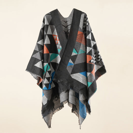 Damen Oversize-Ruana im Jacquard-Wickelstil mit dreieckigem Muster und Fransensaum Shop Nory