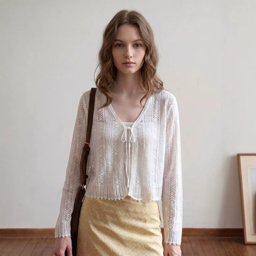 Damen Leichter gehäkelter Kurzcardigan mit V‑Ausschnitt, Bindeband und Ajourmuster Shop Nory