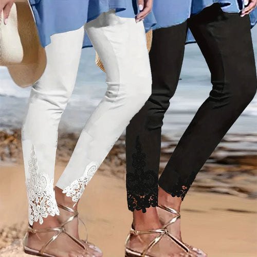 Damen Leggings mit spitzenbesetztem Saum und elastischem Bund