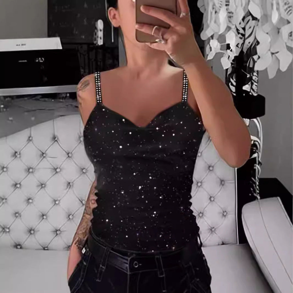 Damen Elegante Spaghetti-Träger Top mit Glitzer-Details