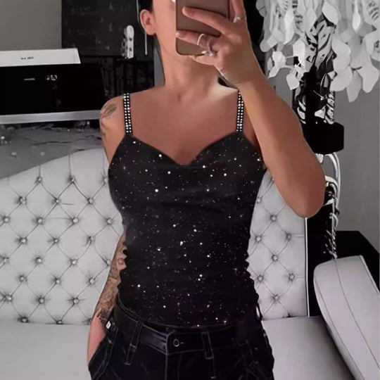 Damen Elegante Spaghetti-Träger Top mit Glitzer-Details