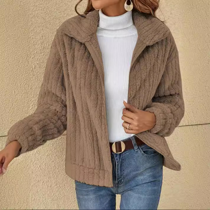 Damen nan kuschelige Teddyjacke mit durchgehendem Reißverschluss, Stehkragen und Eingrifftaschen Shop Nory