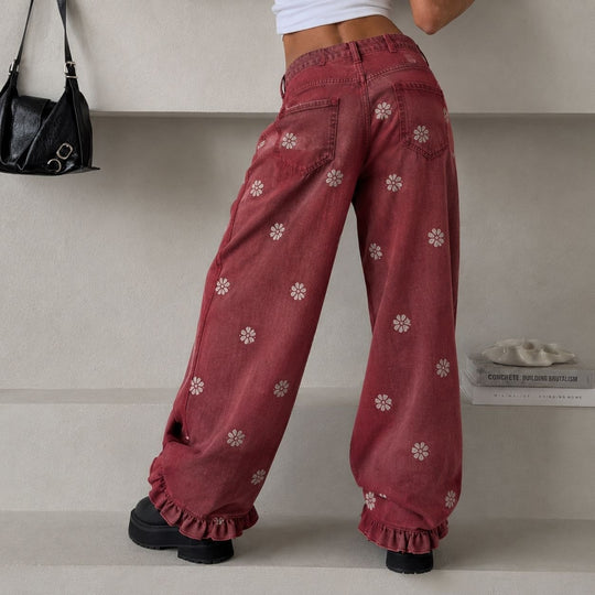 Damen weite Denimhose mit Gänseblümchen-Print, hohem Bund und Rüschenabschluss Shop Nory