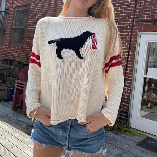 Damen Grobstrickpullover mit Hunde-Jacquard und Sportstreifen Shop Nory