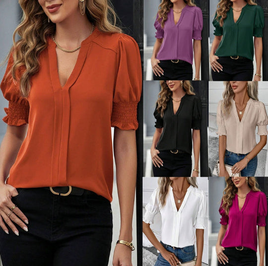 Damen Bluse mit V-Ausschnitt, gerafften Smock-Ärmeln und weichem Fall Shop Nory
