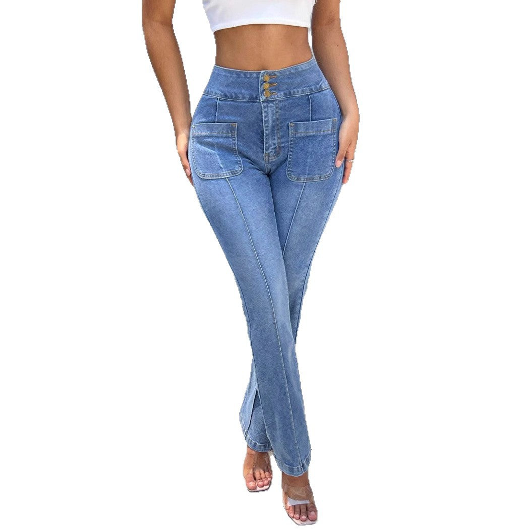 Damen Hochtaillierte Straight-Jeans mit Fronttaschen und Mittelnaht Shop Nory