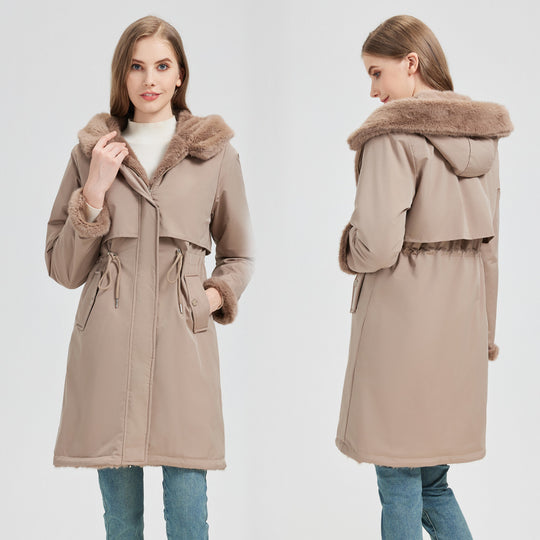 Damen nan taillierter langer Thermoparka mit Webpelzbesatz an Kapuze und Ärmeln sowie Kordeltaille Shop Nory
