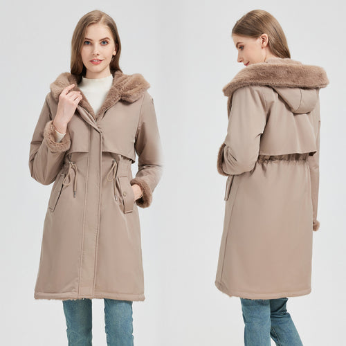 Damen nan taillierter langer Thermoparka mit Webpelzbesatz an Kapuze und Ärmeln sowie Kordeltaille Shop Nory