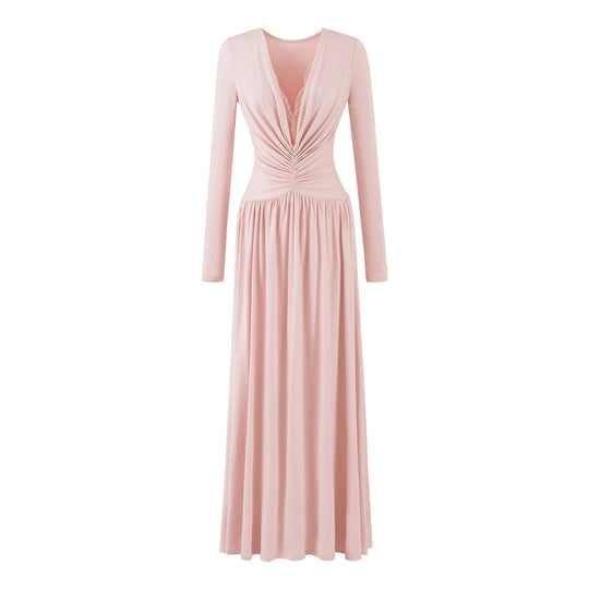 Damen Maxikleid mit gerafftem Wickeloberteil, tiefem V‑Ausschnitt und Spitzenbesatz Shop Nory