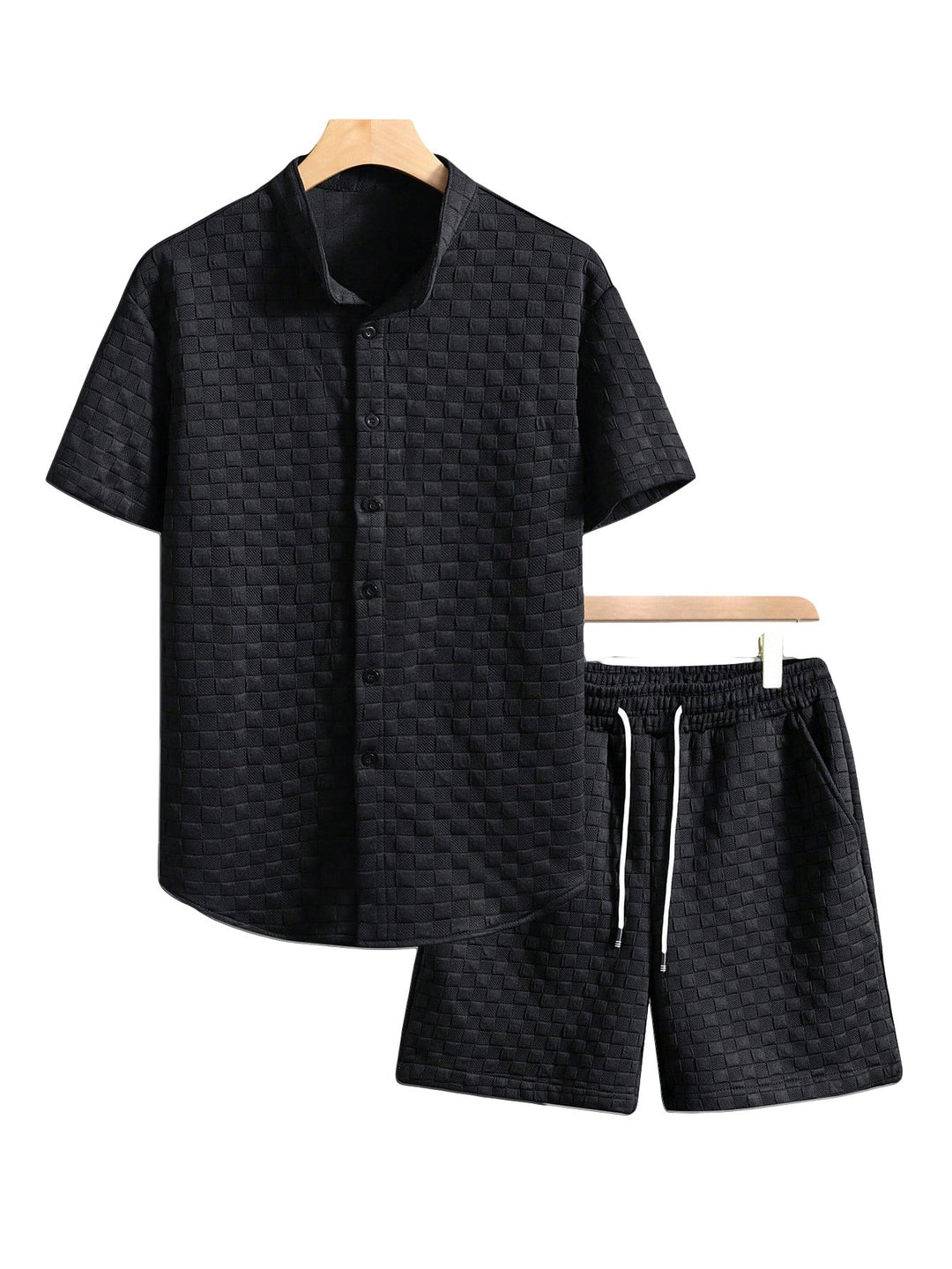 Herren nan zweiteiliges Sommerensemble mit Stehkragen-Hemdjacke und elastischen Komfort-Shorts in geprägter Karo-Textur