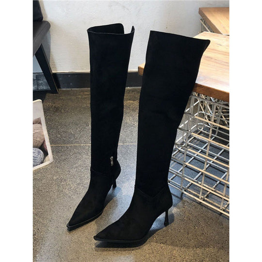Damen Overknee-Stiefel aus Veloursoptik mit spitzer Zehenform und schmalem Absatz Shop Nory