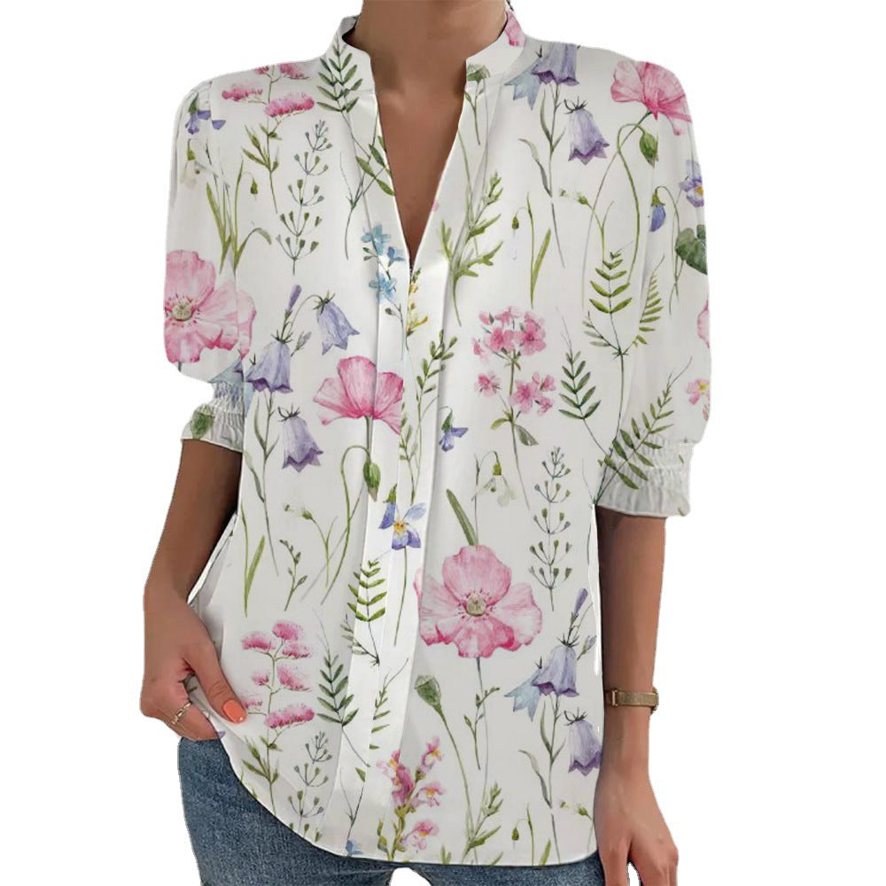 Damen Blumenprint Tunika-Bluse mit Stehkragen, geschlitzter V‑Blende und gerafften 3/4-Ärmeln Shop Nory