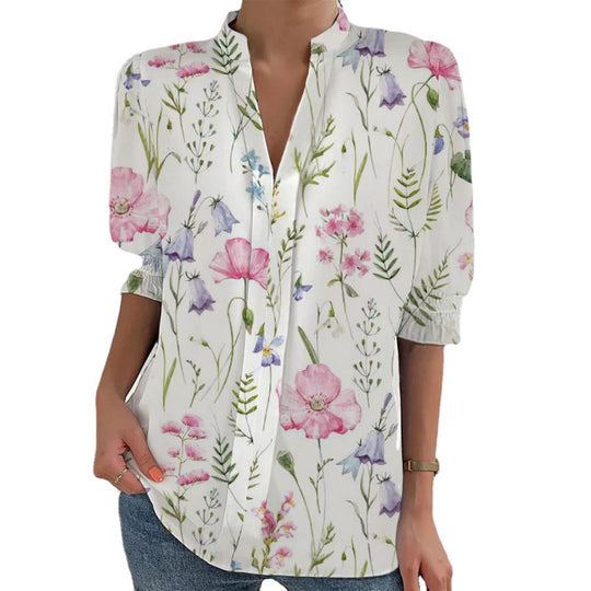 Damen Blumenprint Tunika-Bluse mit Stehkragen, geschlitzter V‑Blende und gerafften 3/4-Ärmeln Shop Nory