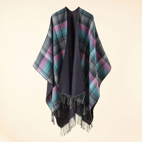 Damen Kastiger Plaid-Ruana aus leichtem Wollmix mit dekorativem Fransensaum Shop Nory