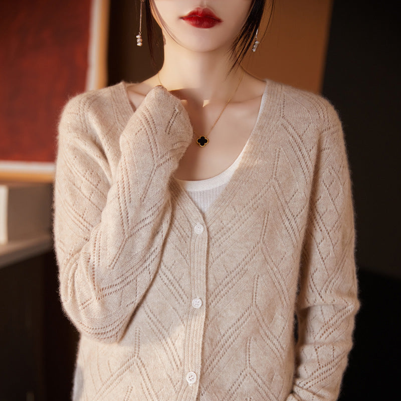 Damen Leichter Ajourcardigan mit geometrischer Lochstruktur und kastiger Kurzform Shop Nory