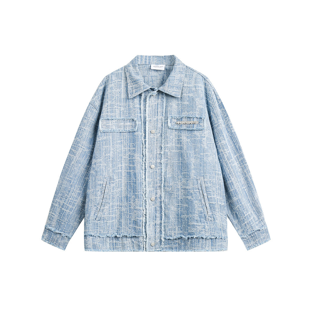 Unisex Oversize-Denim-Blouson mit fransigen Kanten und Druckknopfleiste Shop Nory