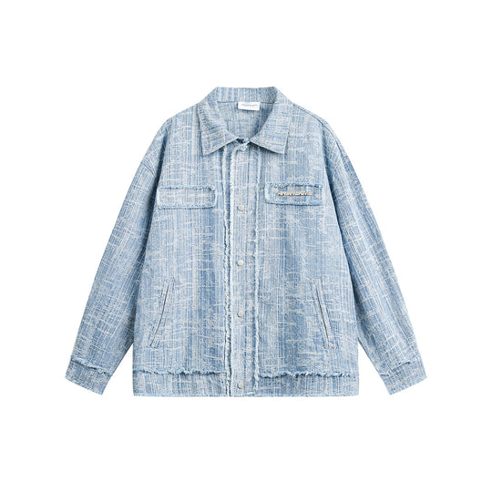 Unisex Oversize-Denim-Blouson mit fransigen Kanten und Druckknopfleiste Shop Nory