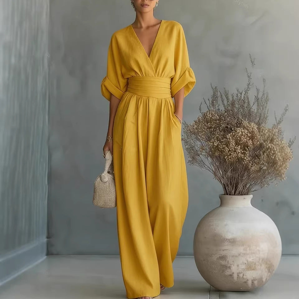 Eleganter Ärmelloser Jumpsuit mit Tiefem V-Ausschnitt, Taillenbund und Weitem Bein