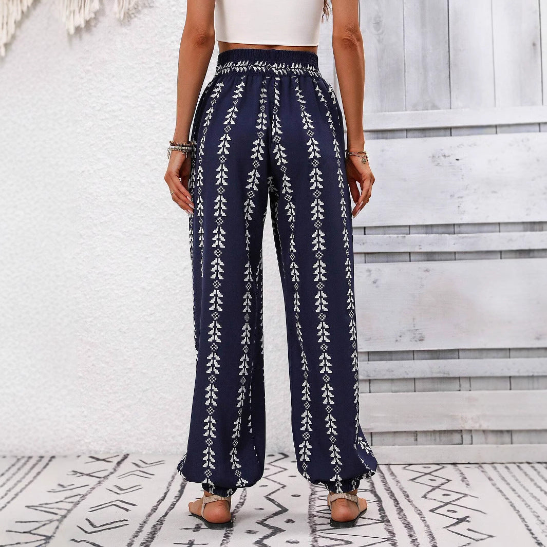 Damen Locker geschnittene Leinenoptik-Hose mit Smokbund, Kordelzug und Ethno-Print Shop Nory
