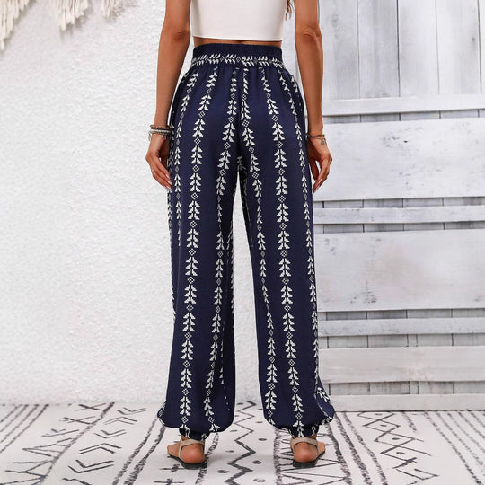 Damen Locker geschnittene Leinenoptik-Hose mit Smokbund, Kordelzug und Ethno-Print Shop Nory