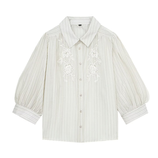 Damen Gestreifte Bluse mit zarter Spitzenstickerei und 3/4‑Ballonärmel Shop Nory